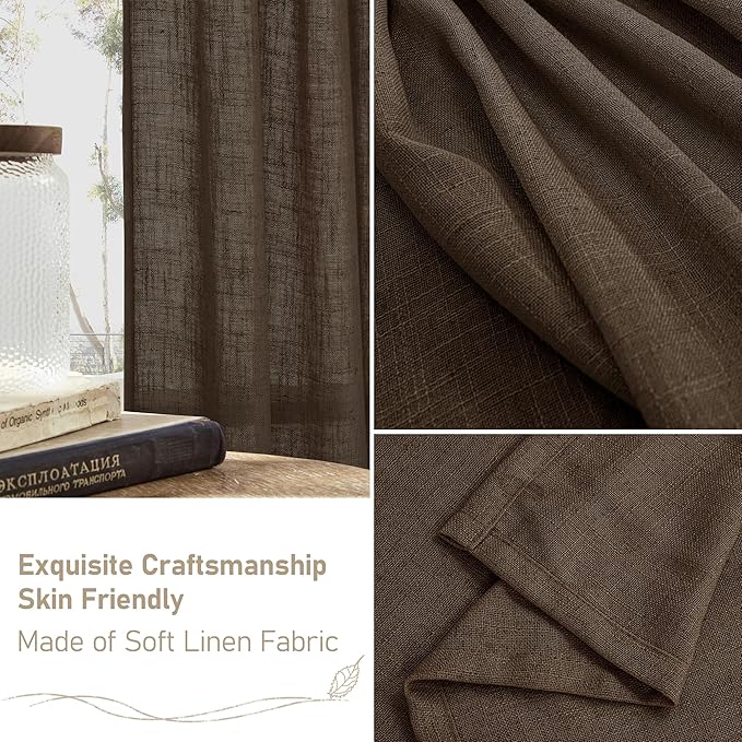LAMIT Sheer Linen Curtains 63 Inch for Bedroom, Light Filtering Neutral Semi Sheer Farmhouse Boho Curtains Back Tab and Rod Pocket Living Room Panels, Dark Brown, 2 Panels, 52 x 63 Inch