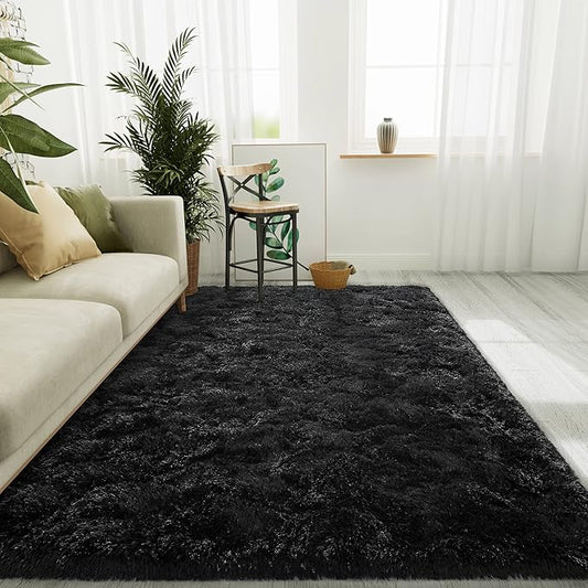 LOCHAS Ultra Soft Indoor Modern Area Rugs Fluffy Living Room Carpets for Children Bedroom Home Decor Nursery Rug 4x6 Feet, Black