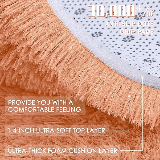 OLANLY Muted Orange Round Rugs for Bedroom - Machine Washable, 5 ft Circle Area Rugs for Living Room, Soft and Fluffy Shaggy Carpet for Teen Girl and Boys, Nursery Rooms, Dorms, Home Decor Aesthetic