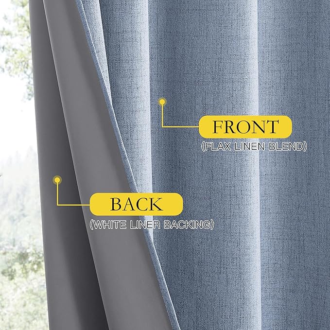 NICETOWN Stone Blue Vintage Linen 100% Blackout Curtains for Kitchen, Thermal Insulated Curtains 63" Long, Noise Reducing Window Treatment Drapes for Dorm Room, 62" Wide Per Panel, Set of 2