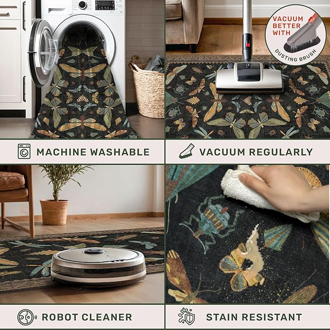 Hazo Haus Black Washable Insect Area Rugs 8x10 for Living Room, Bedroom, Dining Room Under Table, Playroom, Large Dark Whimsical Boho Indoor Rug, Ultra Soft Low Pile Non Slip