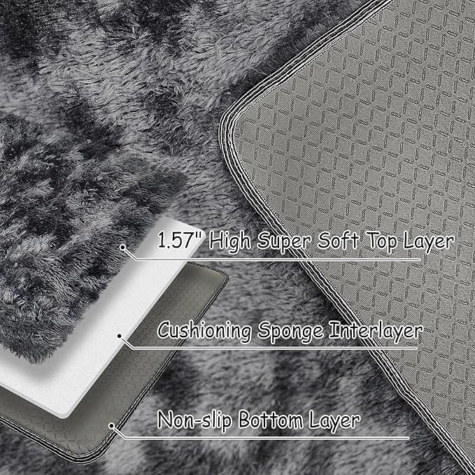 Tie-Dyed Runner Rug for Bedroom Black Grey 2x8ft Fluffy Area Rug Bedside Runner Rug for Kids Room Boys Teens Nursery Baby Living Room Dorm Home Decor Carpets