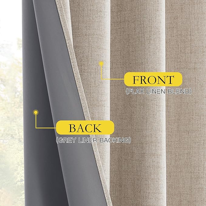 NICETOWN Oatmeal Vintage Open Linen Weave Flax Thermal Curtains, 100% Blackout Curtains 108" Long for Dining Room, Soundproof Window Treatment Drapes for Home Office, 62" Wide Per Panel, Set of 2