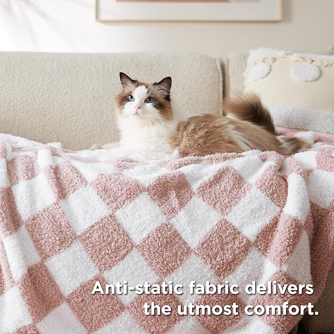 Bedsure GentleSoft Checkered Twin Blanket for Couch, Super Soft Cozy & Warm Knit Pink Throw Blanket, Breathable, Lightweight & Fluffy Plaid Blankets for Bed, Sofa, Gifts for Women Grils, 60x80 Inches