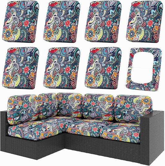 hyha 8Pcs Patio Cushion Covers, Stretch Outdoor Couch Cushion Covers Replacement, Washable Outdoor Chair/Sofa Slipcovers for Patio Furniture Cushions Protector with Elastic Bottom(Paisley,Cover Only)