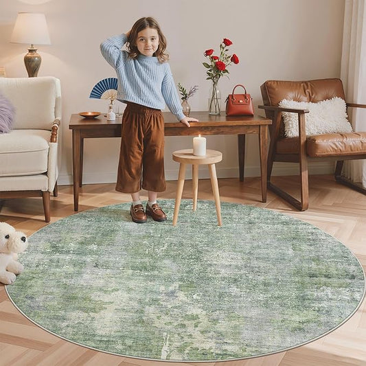 Soalmost 5x5 Green/Ivory Round Rug 5ft Living Room Circle Rug Vintage Round Area Rug Non Slip Indoor Carpet for Entryway Dining Room Bedroom