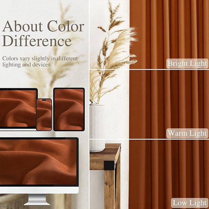 Nanspring Rust Linen Curtains 102 Inches Long for Living Room Light Filtering Semi Sheer Curtain Back Tab and Rod Pocket Vintage Rustic Luxury Home Decor Drapes for Bedroom Office 52x102, 2 Panels