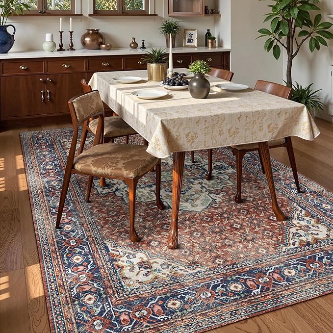Washable Area Rug 3' x 5 ' Vintage Traditional Persian Mat - Foldable Distressed Non-Slip Machine Washable Carpet for Living Room Bedroom Kitchen Home Decor - Terracotta and Navy