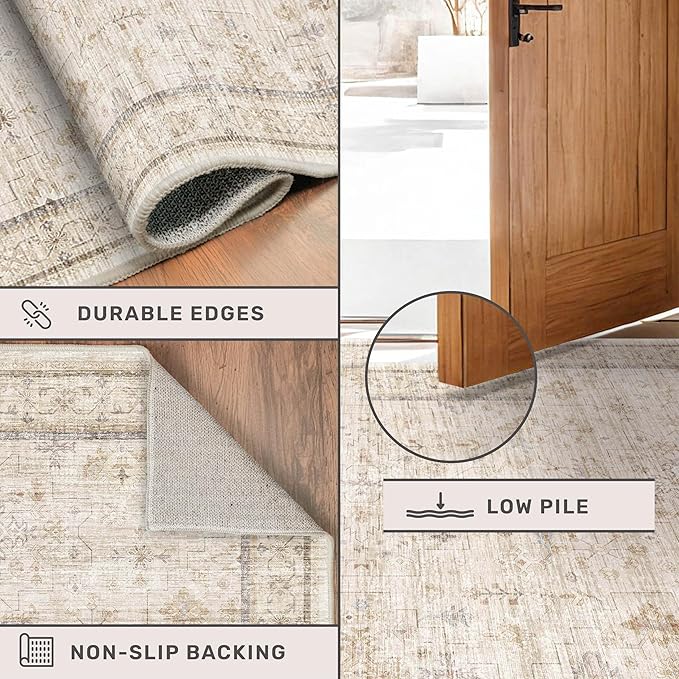 Washable Ivory 5x7 Rug for Bedroom, Home Office, Non Slip Dinning Rugs for Under Table, Low Pile Neutral Farmhouse Retro Living Room Carpet