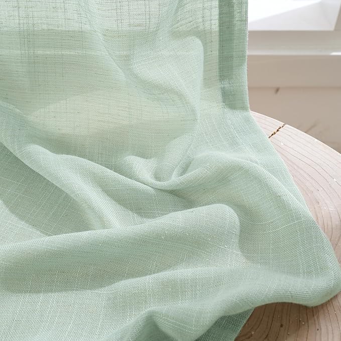 BGment Light Green Linen Semi Sheer Curtains 45 Inch Length - Short Drapes Lightweight Boho Rustic for Living Room Spring Decor with Rod Pocket, 2 Panels Set, 42 X 45 Inch