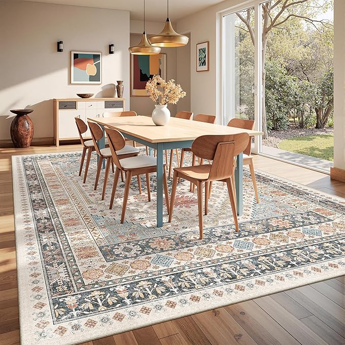 Washable Rugs 8x10 Area Rugs for Living Room, Non-Slip Backing Large Rug for Nursery Room, Vintage Floral Bedroom Rugs, Thin Indoor Home Decor Soft Farmhouse Rug (Blue/Red/Multi,8'x10')