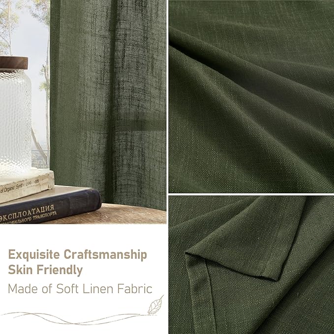 LAMIT Light Filtering Linen Curtains 63 inches Long for Bedroom, Linen Textured Semi Sheer Back Tab and Rod Pocket Olive Green Boho Christmas Drapes for Living Room, 2 Panels, 60 x 63 Inch