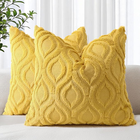 decorUhome Summer Throw Pillow Covers 26x26 Inch Set of 2, Soft Plush Faux Wool Mustard Yellow Solid Couch Pillow Covers, Accent Euro Sham Farmhouse Square Pillow Cases for Sofa Bed Living Room