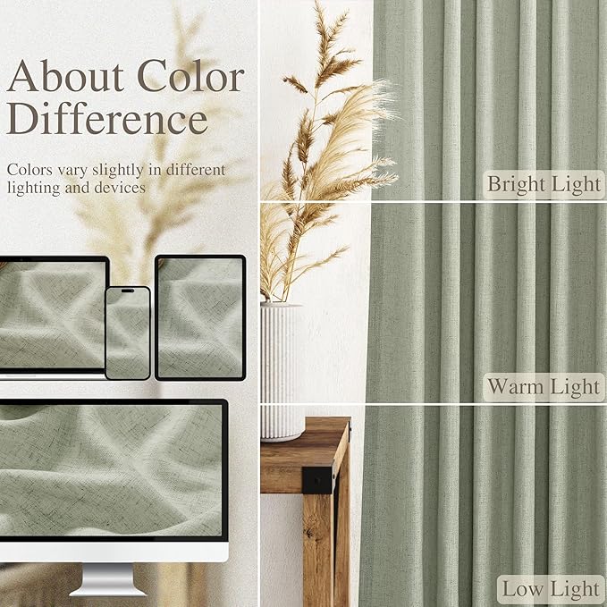Sage Green Curtains 120 inches Long 2 panels for Living Room Back Tab Rod Pocket Semi Sheer Linen Drapes Neutral Room Decor Earth Tone Pale Green Curtains Ceiling to Floor Length for Diningroom