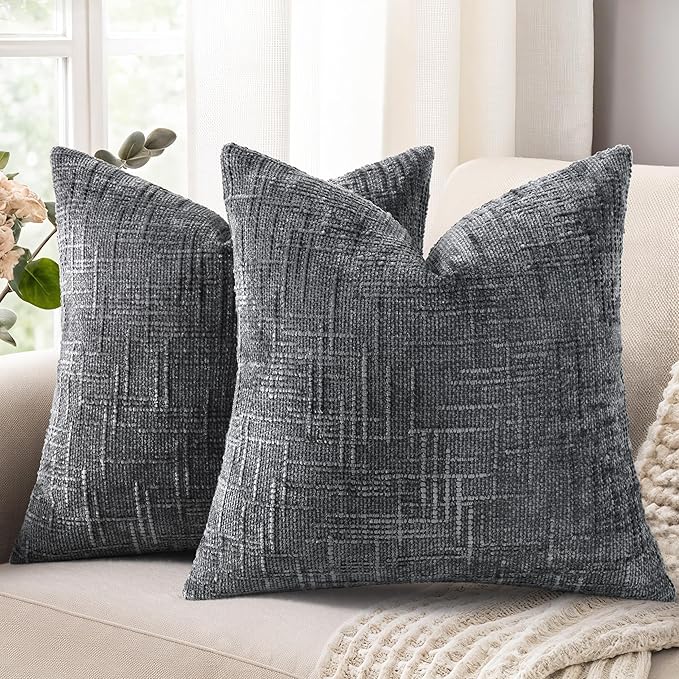 decorUhome Dark Grey Chenille Euro Sham Throw Pillow Covers 24x24 Set of 2 Textured Soft Cozy Slubby Couch Pillow Covers Modern Farmhouse Boho Decorative Pillow Cases for Bed Sofa Living Room