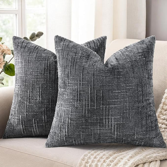 decorUhome Dark Grey Chenille Throw Pillow Covers 18x18 Set of 2 Textured Soft Cozy Slubby Couch Pillow Covers Modern Farmhouse Boho Decorative Pillow Cases for Bed Sofa Living Room