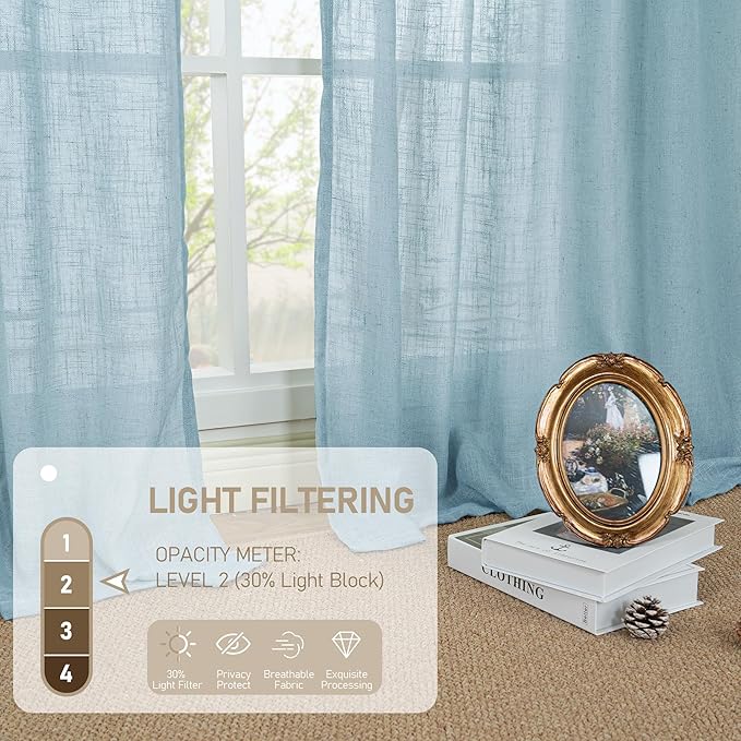 LAMIT 40 Inch Length Linen Curtains for Small Windows, Semi Sheer Light Filtering Panels Back Tab and Rod Pocket Country Decor Drapes for Basement/Kitchen, Stone Blue, 2 Panels, 34 x 40 Inch