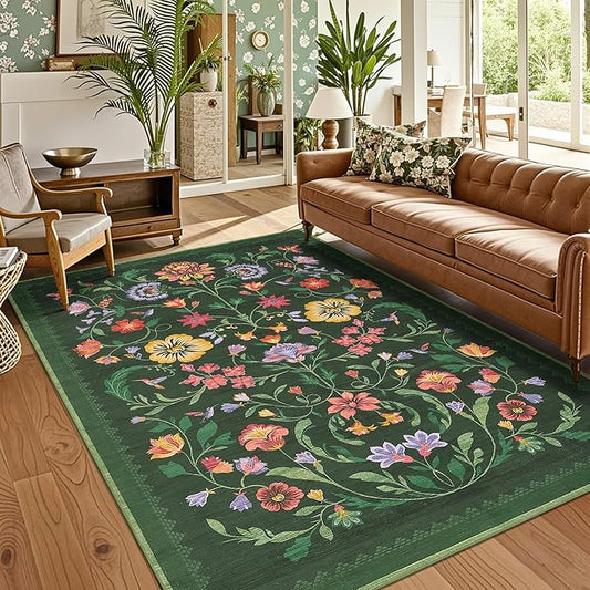 Washable Rug 5x7 Area Rugs for Living Room, Protea Floral Rug for Bedroom, Soft Boho Non Slip Throw Rugs with Rubber Back, Low Pile Stain Resistant Vintage Floral Carpet for Dining Room, Forest Green