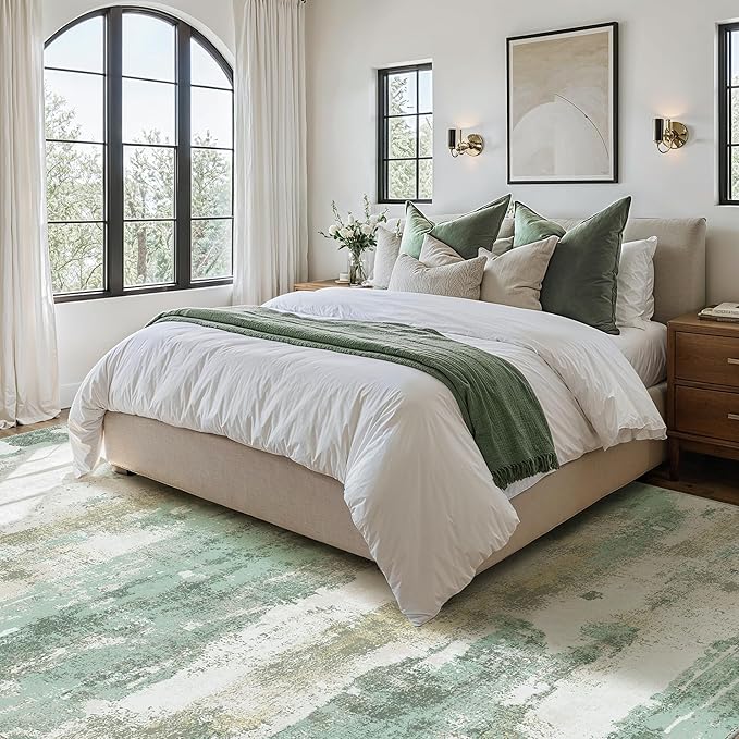 BEIMO 3x5 Rugs for Entryway Entrance Kitchen, Machine Washable Modern Abstract Soft Area Rug, Low Pile Indoor Floor Carpet with Non Slip Backing, Light Green/Cream
