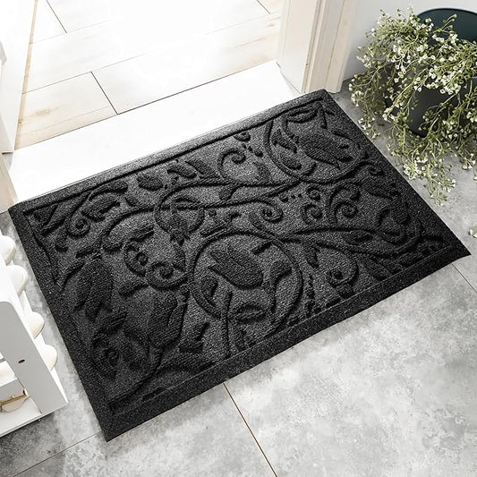 Boho Black Floral Leaves Outdoor Indoor Entrance Doormats, Absorbent Durable Heavy Duty Welcome Front Door Mat,Thick Natural Rubber Back,Easy Clean Entryway Mat 17x30 Inch, Low Profile