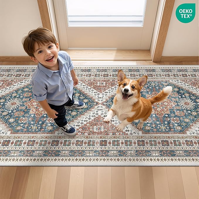 Washable Runner Rug 2.5x14, Non-Slip Long Kitchen Mats for Floor, Vintage Rug for Entryway, Soft Hallway Runner for Dining Room, Bedroom, Living Room(Blue/Red,2.5'x14')