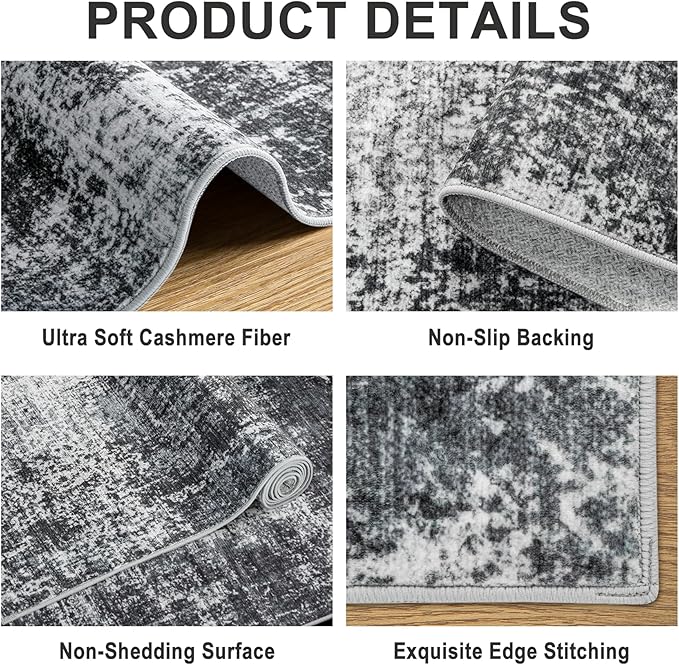 Area Rugs Living Room Rug - 4x6 Washable Modern Abstract Soft Neutral Non-Slip Carpet Large Indoor Floor Thin Carpets for Bedroom Dining Room Farmhouse Nursery Home Office Dark Black