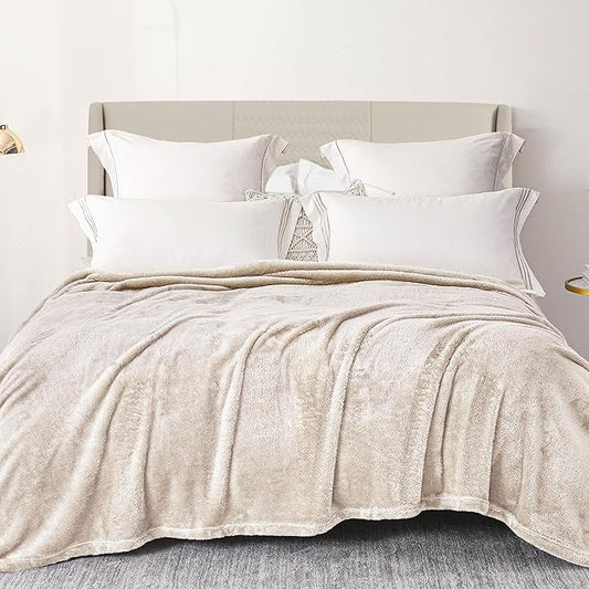 Exclusivo Mezcla Plush Fuzzy Fleece Bed Blanket Twin Size, Super Soft, Fluffy and Warm Blankets for Couch, Bed, All Season (Beige, 90x66 inches)