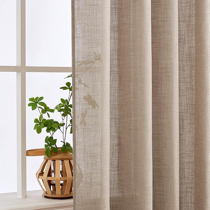 MIULEE Taupe Linen Curtains 84 Inch Length for Bedroom Living Room, Soft Thick Linen Textured Window Drapes Semi Sheer Light Filtering Rod Pocket Back Tab Burlap Look, 2 Panels, 37x84 Inches