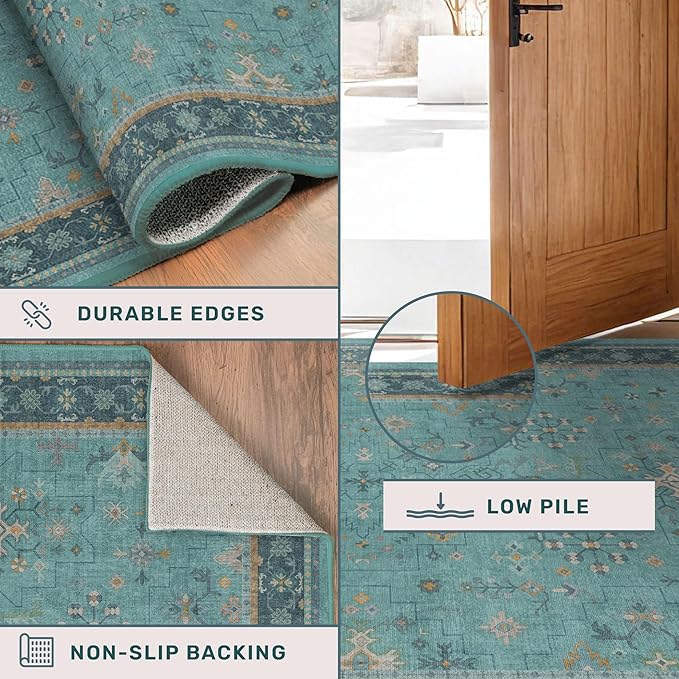 Hazo Haus Teal 3x6 Wide Non Slip Kitchen Rug - Washable Front Door Runner Indoor Entrance, Vintage Floral Pattern Indoor Decor, Non Slip Soft Low Pile Fade Resistant