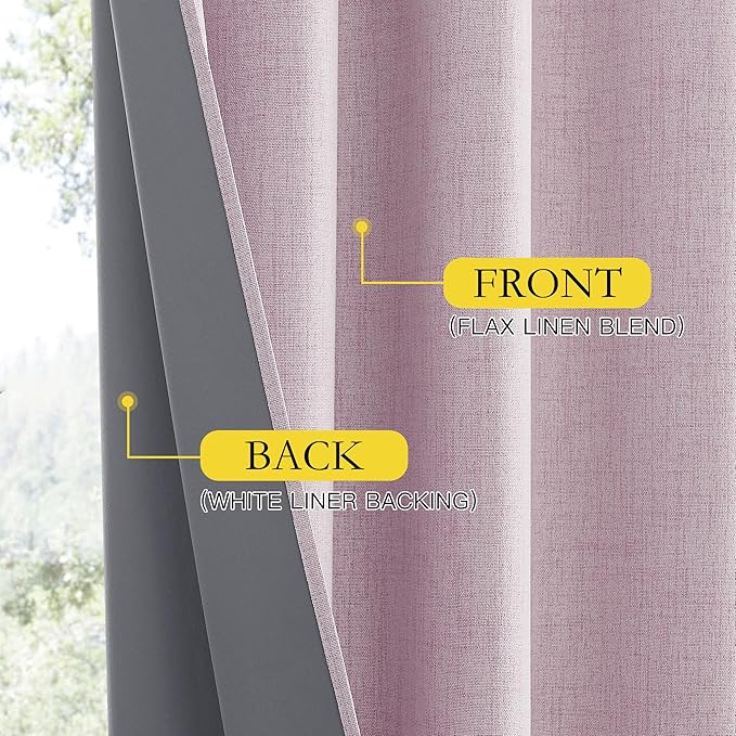 NICETOWN Pink Vintage Linen 100% Blackout Curtains for Living Room, Thermal Insulated Curtains 84" Long, Noise Reducing Window Treatment Drapes for Dining Room, 62" Wide Per Panel, Set of 2