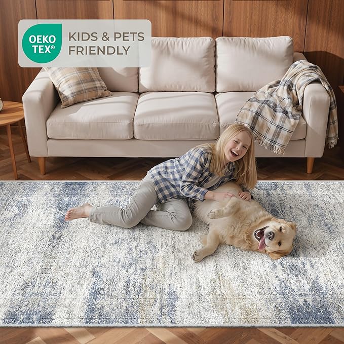 2x5 Rug Runner Washable for Entryway, Soft Bathroom Rugs with Non-Slip Backing, Abstract Low Pile Hallway Runner, Vintage Small Kitchen Carpet for Laundry Room(2'x5', Blue/Brown/Ivory)