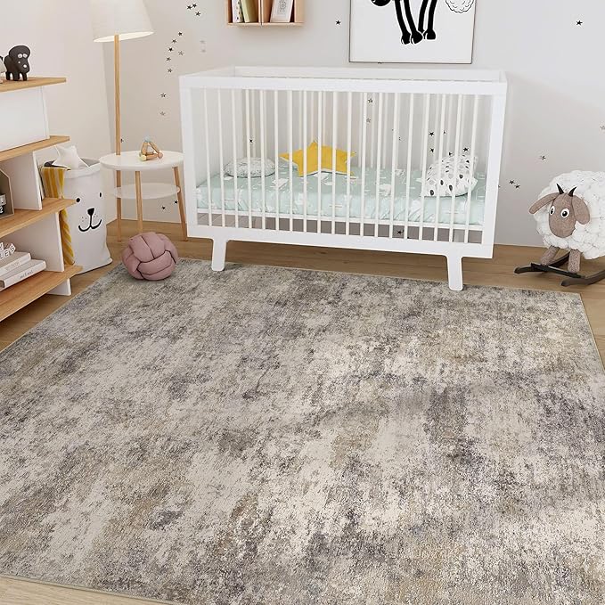 Nakagishi 6x9 Area Rugs Living Room: Washable Abstract Large Neutral Soft Rug Stain Resistant Modern Indoor Floor Non-Slip Carpet for Bedroom Nursery Kids Playroom Office Dining Room Dorm- Brown Grey