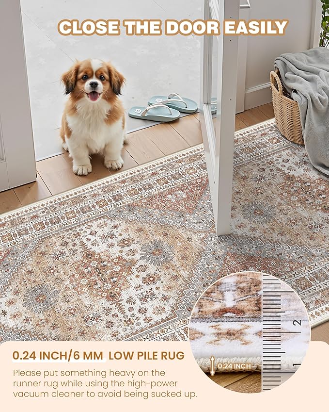 Area Rugs 5x7, Ultra-Thin Washable Rugs for Living Room, Anti-Slip Backing Area Rug for Bedroom, Soft Floral Vintage Home Decor Rug for Dining Room(Orange,5'x7')