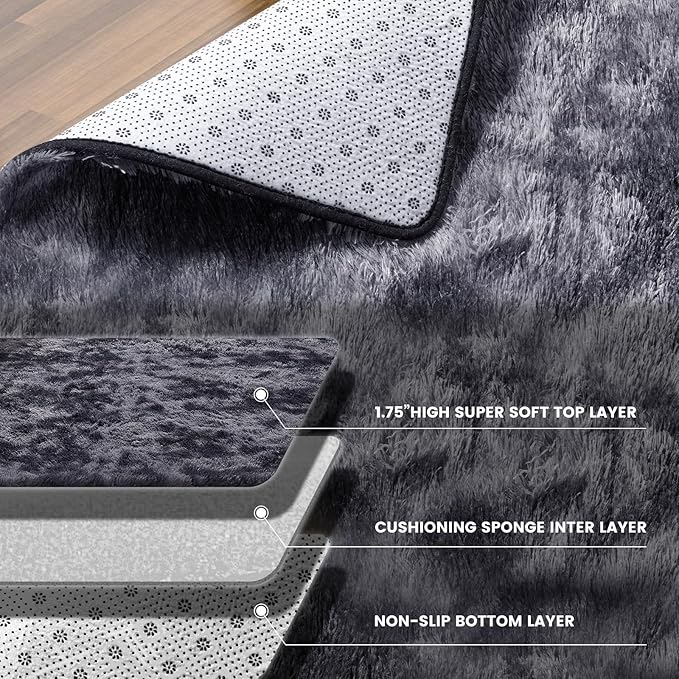 Shag Area Rugs for Living Room 5x7 Feet, Upgrade Anti-Skid Rectangular Cozy Rug, Indoor Floor Carpet for Kids Boys Girls Dorm Bedroom Playroom, Home Decor Aesthetic, Tie-Dyed Dark Gray