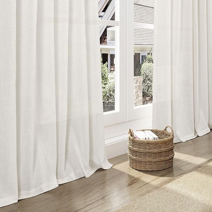 Cream Linen Curtains 108 Inches Long 2 Panels Set Back Tab Rod Pocket Semi Sheer Cotton Textured Light Filtering Extra Long Curtain Farmhouse High Ceiling Curtains for Living Room 9Ft 42x108