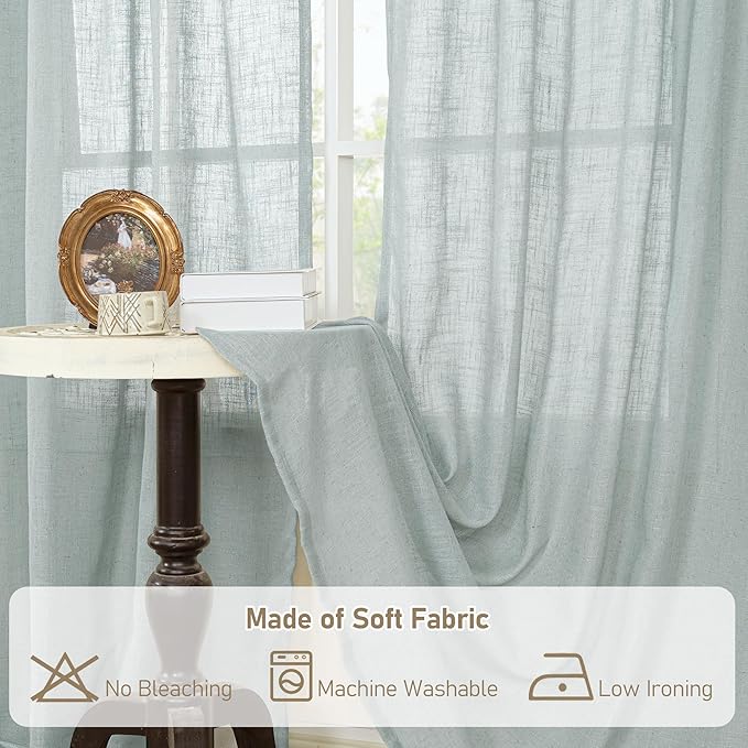 LAMIT Short Linen Curtains 40 Inch Length, Semi Sheer Light Filtering Panels Back Tab and Rod Pocket Neutral Drapes for Basement/Window/Loft Room, Greyish Blue, 34 x 40 Inch, 2 Panels