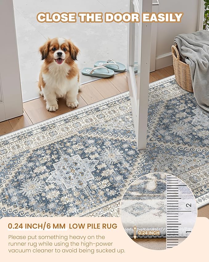 Carpet Runners for Hallway 12ft, Non-Slip Long Bathroom Rugs Runner for Kitchen, Bedroom, Soft Vintage Washable Rug for Entryway, Thin Floor Mat for Dining Room(Blue/Beige,2.5'x12')