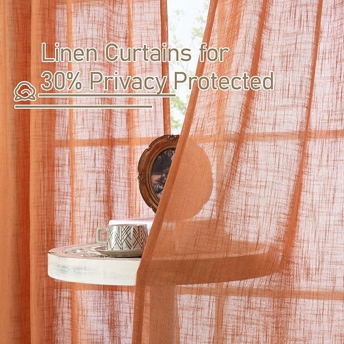 LAMIT Linen Semi Sheer Curtains 96 inches Long 2 Panels Set, Light Filtering Panels Back Tab and Rod Pocket Floor to Ceiling Curtains for Bedroom/Living Room, Burnt Orange, 52 x 96 Inch