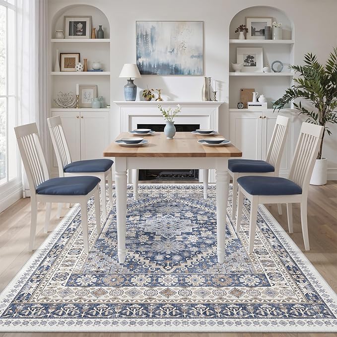 zesthome 7x9 Area Rug, Super Soft Washable Rugs for Living Room, Non-Slip Stain Resistant Vintage Rugs, Ultra-Thin Large Area Rugs (Blue/Beige,7'x9')