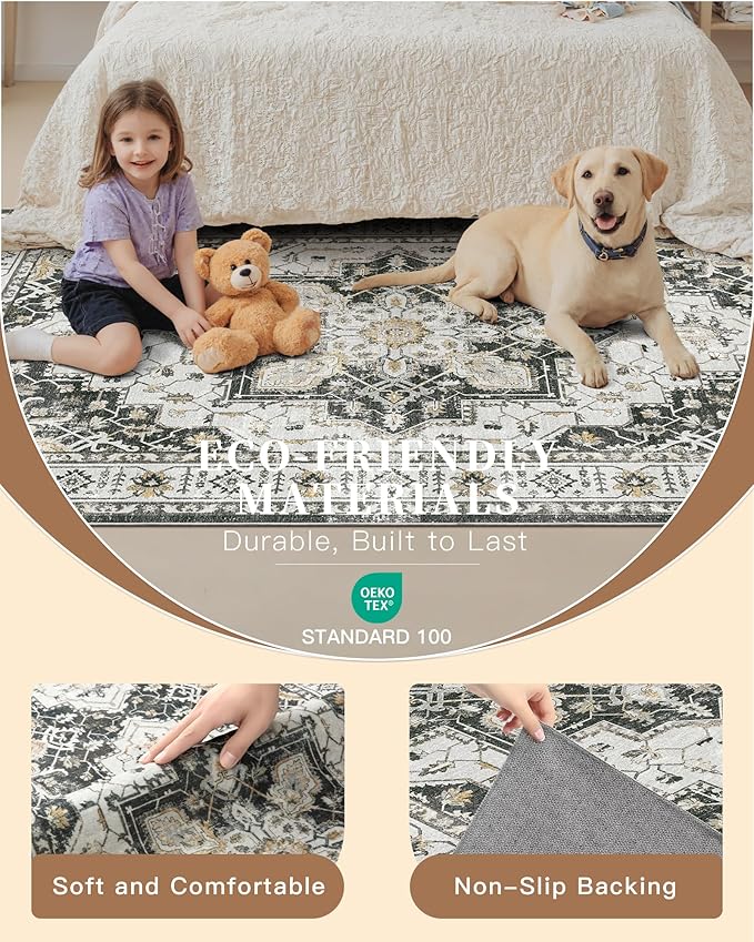 Madane Washable Area Rug 2x4, Small Entryway Rug Non-Slip Vintage Door Mat Indoor Entrance, Low Pile Floor Carpet Runner for Inside Front Door Kitchen Entry Laundry, Black