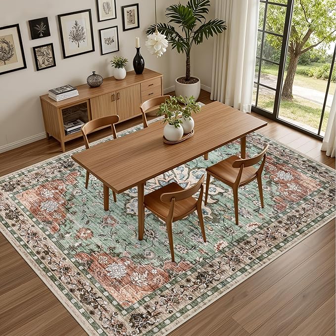 Area Rugs 10x14 Living Room Rug: Washable Rug Soft Vintage Distressed Floral Carpet Indoor Non-Slip Stain Resistant Large Carpets for Bedroom Dining Room Farmhouse Nursery Home Office Brown Green