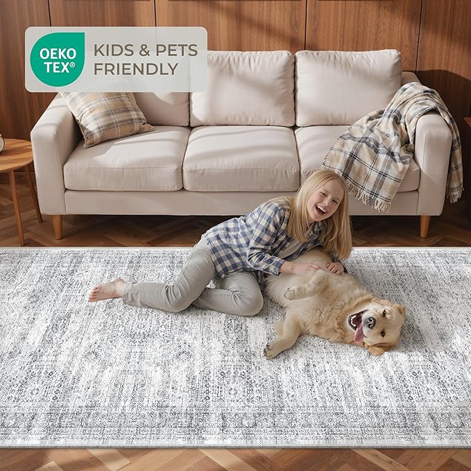 3x6 Runner Rug Non Slip, Thin Entryway Washable Rug for Entryway, Runners for Hallways, Low Pile Vintage Abstract Soft Rugs for Living Room, Kitchen, Bedroom (3'x6', Grey/Ivory)
