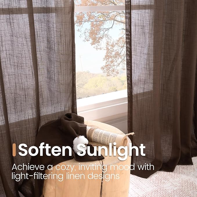 BGment Brown Linen Short Curtains 36 Inch Length for Window, Small Sheer Drapes for Kitchen Cafe Over Sink Bathroom Decor Lightweight Rustic Country Textured Rod Pocket, 2 Panels, Each 30 Inch Wide