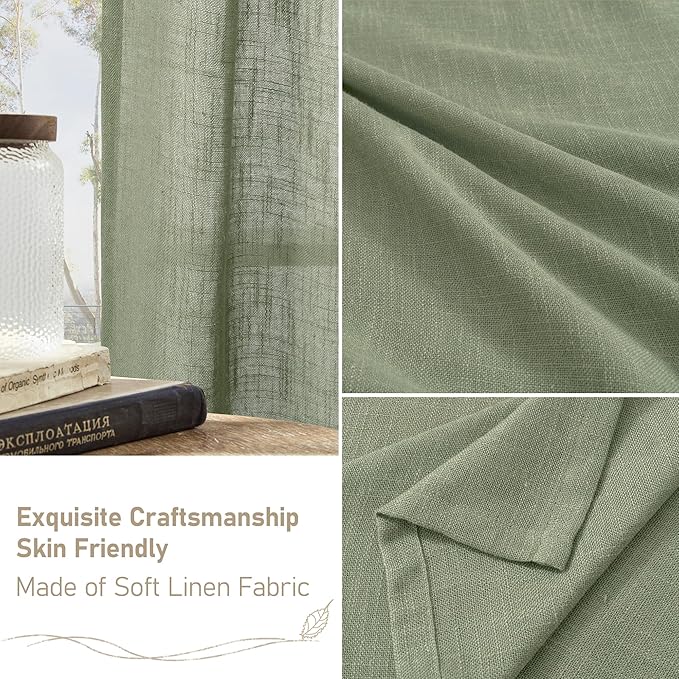 LAMIT Small Window Linen Curtains for Kitchen, Cafe Curtains 24 inch Semi Sheer Light Filtering Panels Back Tab and Rod Pocket Drapes for Small Window, 2 Panels, Sage Green, 34 x 24 Inch