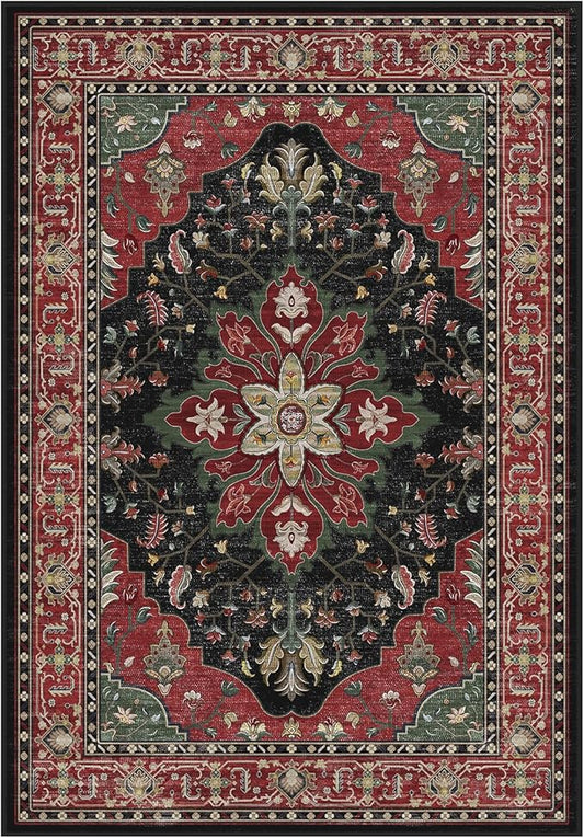 Area Rugs Round 8ft Washable Non-Slip, Floral Vintage Distress Print Pattern Medallion Carpet for Living Room Bedroom Dining Room, Red Black