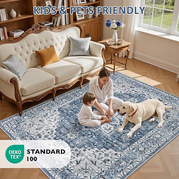 Area Rugs 10x14 Living Room Rug: Washable Rug Soft Vintage Boho Medallion Carpet Indoor Floor Non-Slip Stain Resistant Large Carpets for Bedroom Dining Room Farmhouse Nursery Home Office Blue