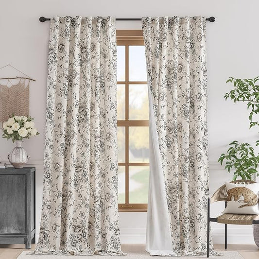 jinchan Blackout Floral Curtains for Living Room Bedroom Linen Blend Curtain Farmhouse Black Printed with Lined Back Tab Rod Pocket Drapes Window Treatments 2 Panels 120 Inch