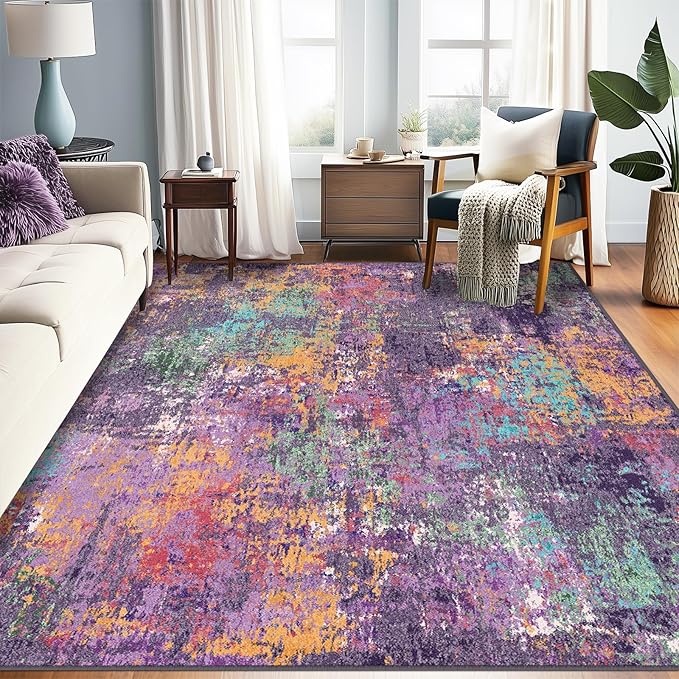Washable Area Rugs 6'x9' Non-Slip Modern Abstract Soft for Living Room Entryway Bedroom Nursery, Print Pattern, Purple Orange Blue Green Rust Red Colorful