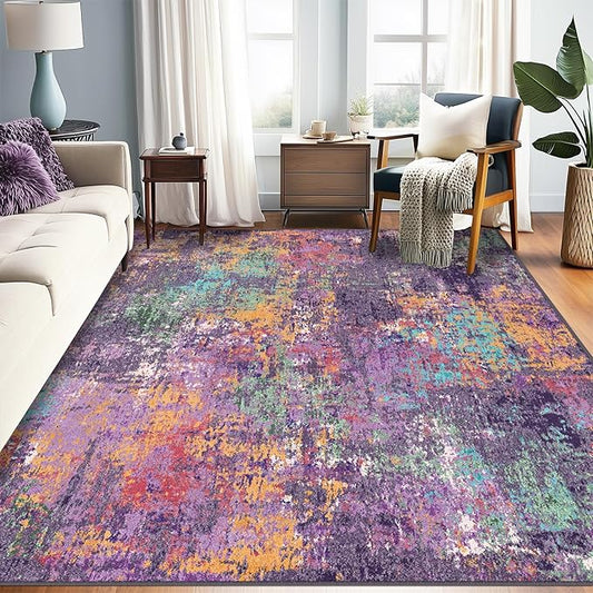 Washable Area Rugs 8'x10' Non-Slip Modern Abstract Soft for Living Room Entryway Bedroom Nursery, Print Pattern, Purple Orange Blue Green Rust Red Colorful
