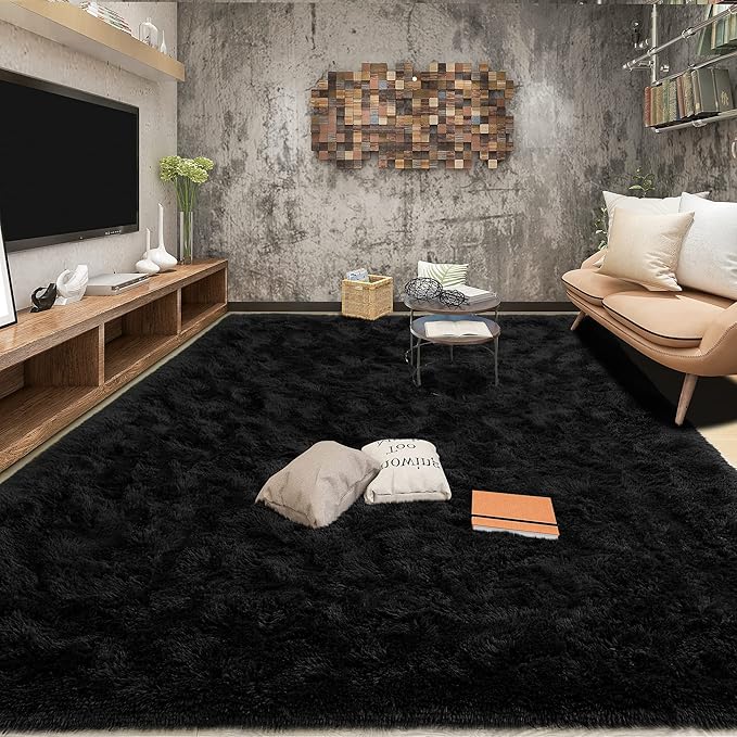 Tepook Super Soft Fluffy Rug for Bedroom, Modern Shaggy Fuzzy Kids Rugs for Living Room, Plush Indoor Nursery Home Decor Dorm Carpet with Non-Slip Bottom, Black, 5 X 8 Feet
